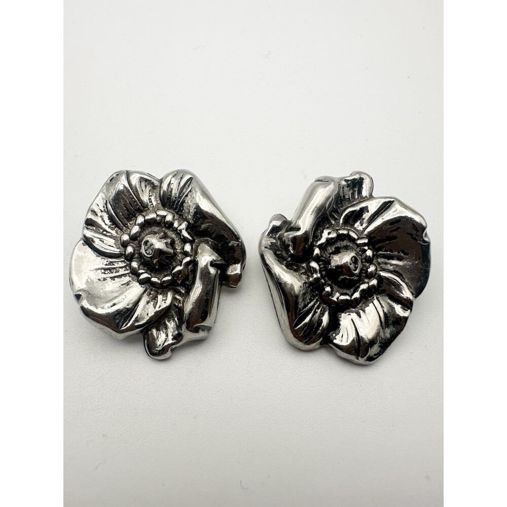 Vintage Silver Flower Clip On Earrings Large
